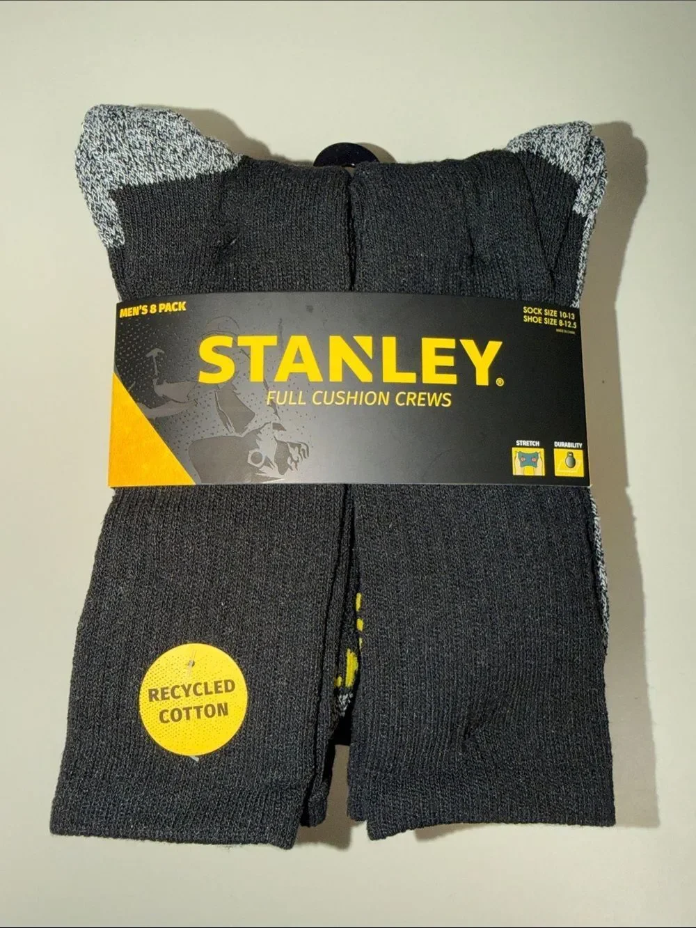 STANLEY Black Heather White Combo Cushioned Soft Cotton Blend Full Crew Socks